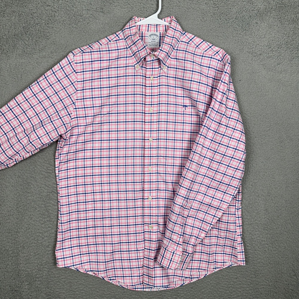 Brooks Brothers Shirt Mens Large Regent Pink Blue Tattersall Button-Down EUC